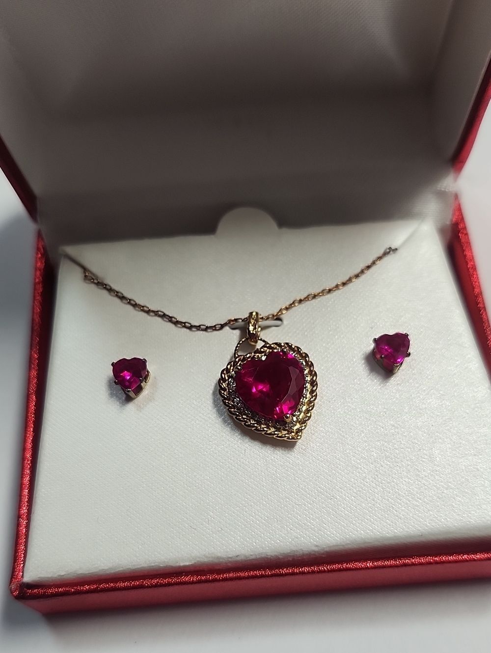 18K Gold Over Sterling Ruby And Diamond Necklace And Earring Set